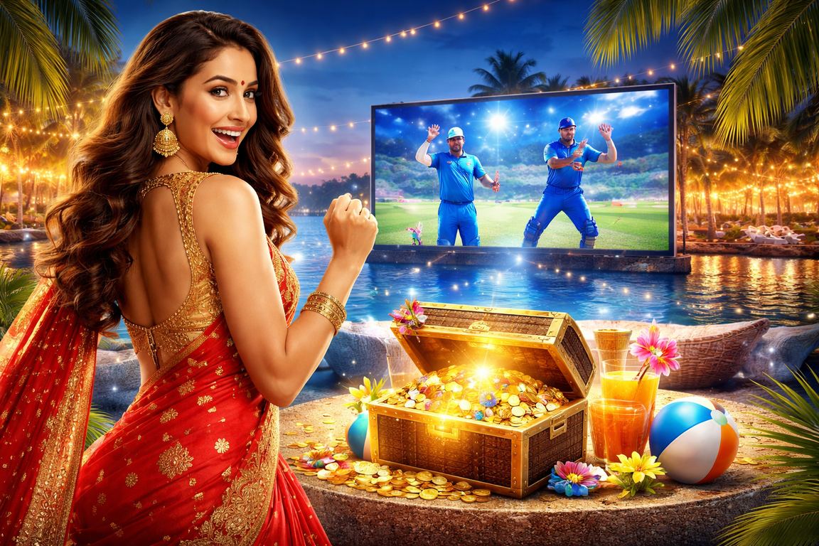 Indian woman playing Rummy and watching cricket, celebrating win